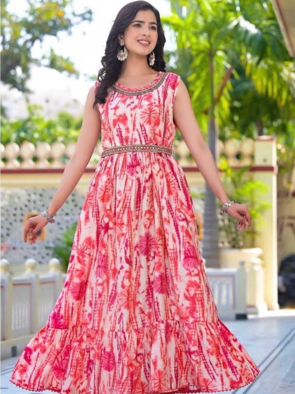 Women’s Pink Tie-Dye Maxi Dress with Embellished Waist & Neckline
